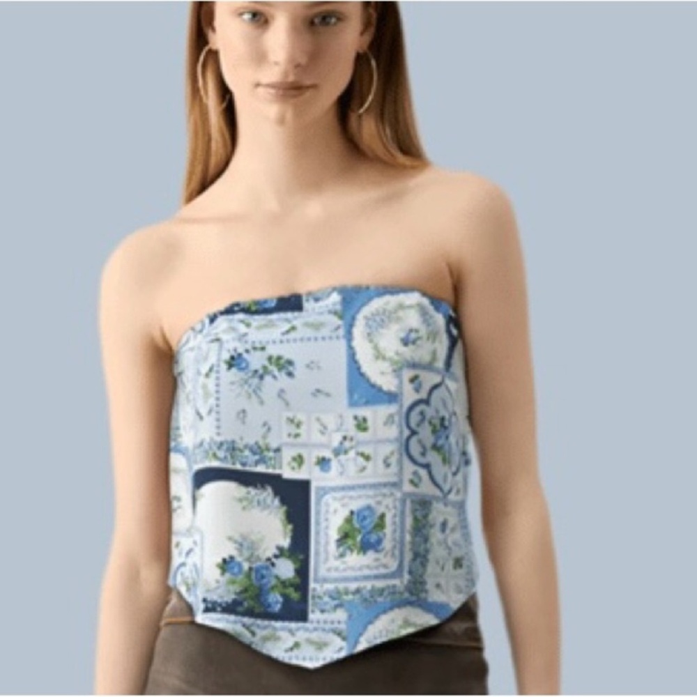 Abercrombie & Fitch Blue Patchwork Strapless Blouse
